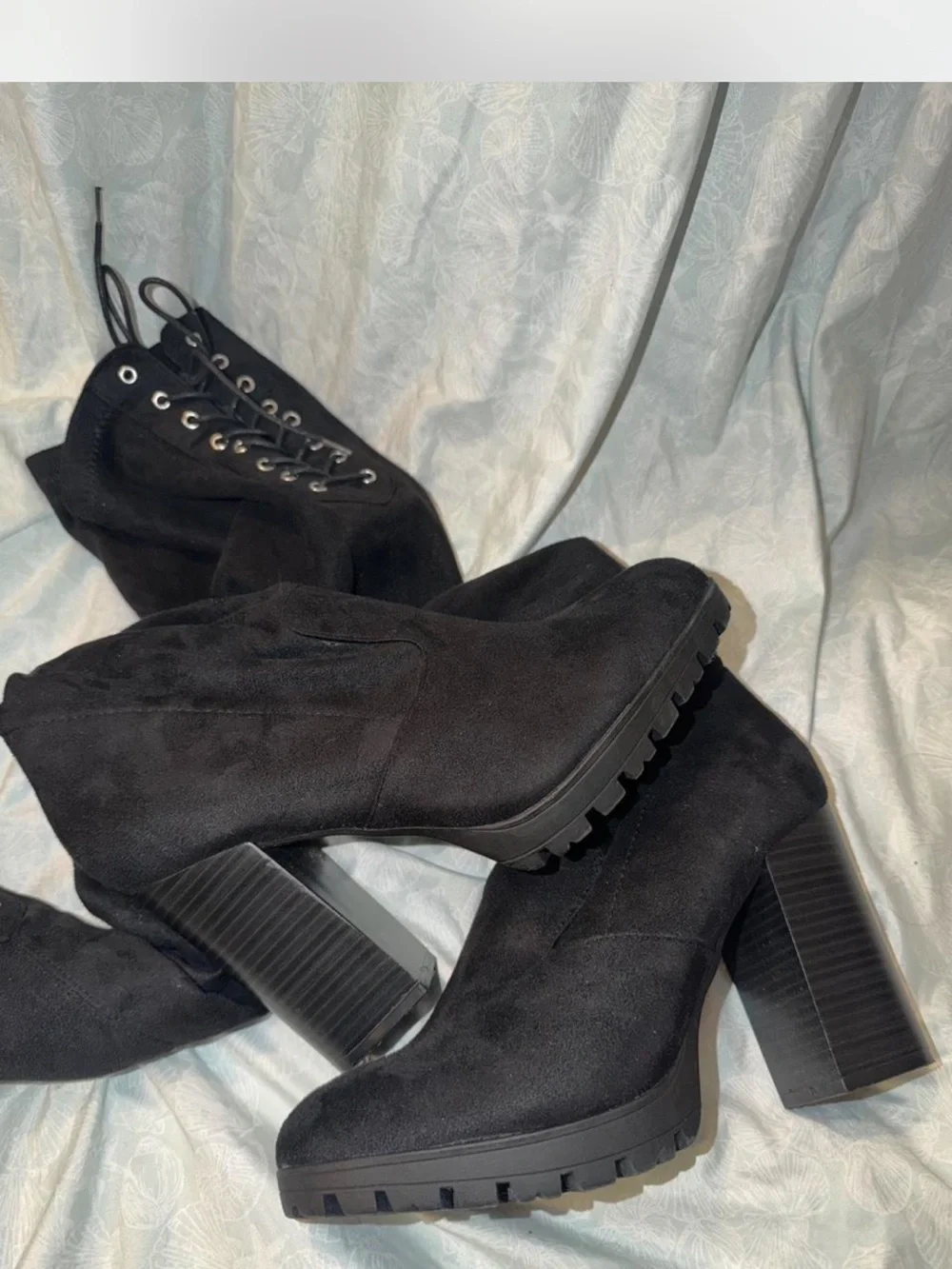 Black Over-the-Knee Lace-Up Block Heel Boots - Women